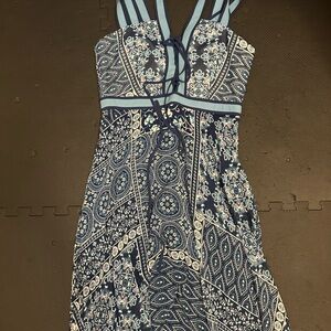 BCBGMaxAzria Navy and White Paisley Maxi Dress with Scarf Hem